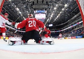 MOSCOW, RUSSIA - MAY 10: Denmark's Morten Madsen #29 celebrates after a first period goal by Frederik Storm #9 (not seen) against Switzerland's Reto Berra #20 during preliminary round action at the 2016 IIHF Ice Hockey Championship. (Photo by Andre Ringuette/HHOF-IIHF Images)

