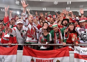 ST. PETERSBURG, RUSSIA - MAY 10: Fans cheer on Team Hungary during preliminary round action at the 2016 IIHF Ice Hockey Championship. (Photo by Minas Panagiotakis/HHOF-IIHF Images)

