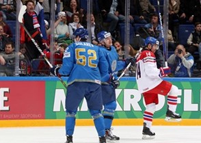 MOSCOW, RUSSIA - MAY 13: The Czech Republic's Tomas Plekanec #14 celebrates after a first period goal against Kazakhstan while Ilya Solaryov #52 and Alexander Lipin #46 look on during preliminary round action at the 2016 IIHF Ice Hockey World Championship. (Photo by Andre Ringuette/HHOF-IIHF Images)

