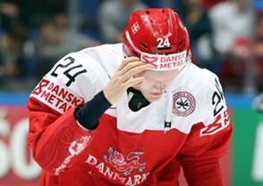 MOSCOW, RUSSIA - MAY 16: Denmark's Nikolaj Ehlers #24 skates to the bench after getting cut during preliminary round action against Kazakhstan at the 2016 IIHF Ice Hockey World Championship. (Photo by Andre Ringuette/HHOF-IIHF Images)

