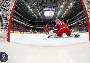 MOSCOW, RUSSIA - MAY 19: Russia's Sergei Bobrovski #72 can't stop the shot from Germany's Patrick Reimer #37 (not shown) during quarterfinal round action at the 2016 IIHF Ice Hockey World Championship. (Photo by Andre Ringuette/HHOF-IIHF Images)

