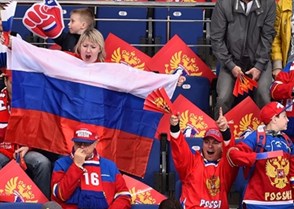 MOSCOW, RUSSIA - MAY 22: Fans cheer on Team Russia during bronze medal game action at the 2016 IIHF Ice Hockey World Championship. (Photo by Minas Panagiotakis/HHOF-IIHF Images)

